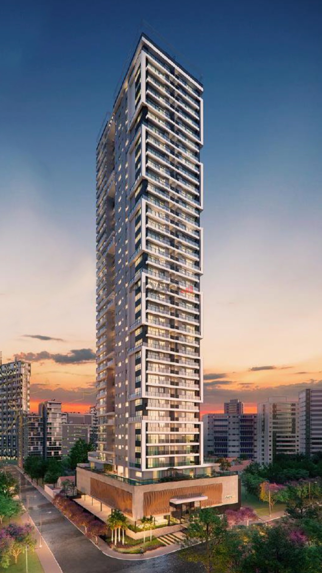 Arte Square — torre ao entardecer no Jardim Goiás
